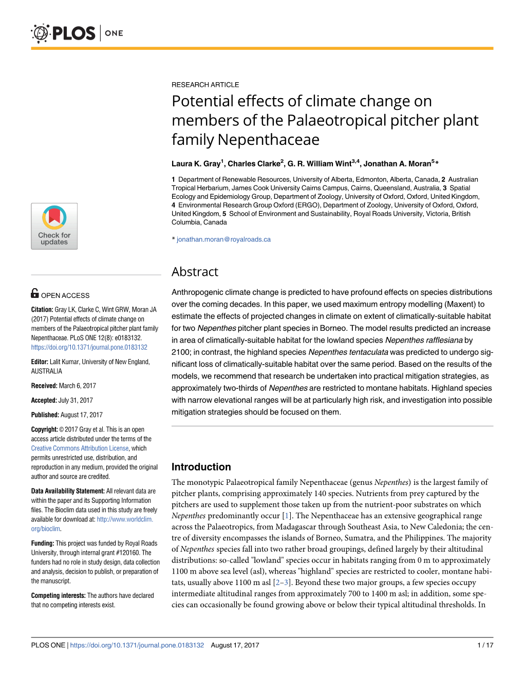 Potential Effects of Climate Change on Members of the Palaeotropical Pitcher Plant Family Nepenthaceae