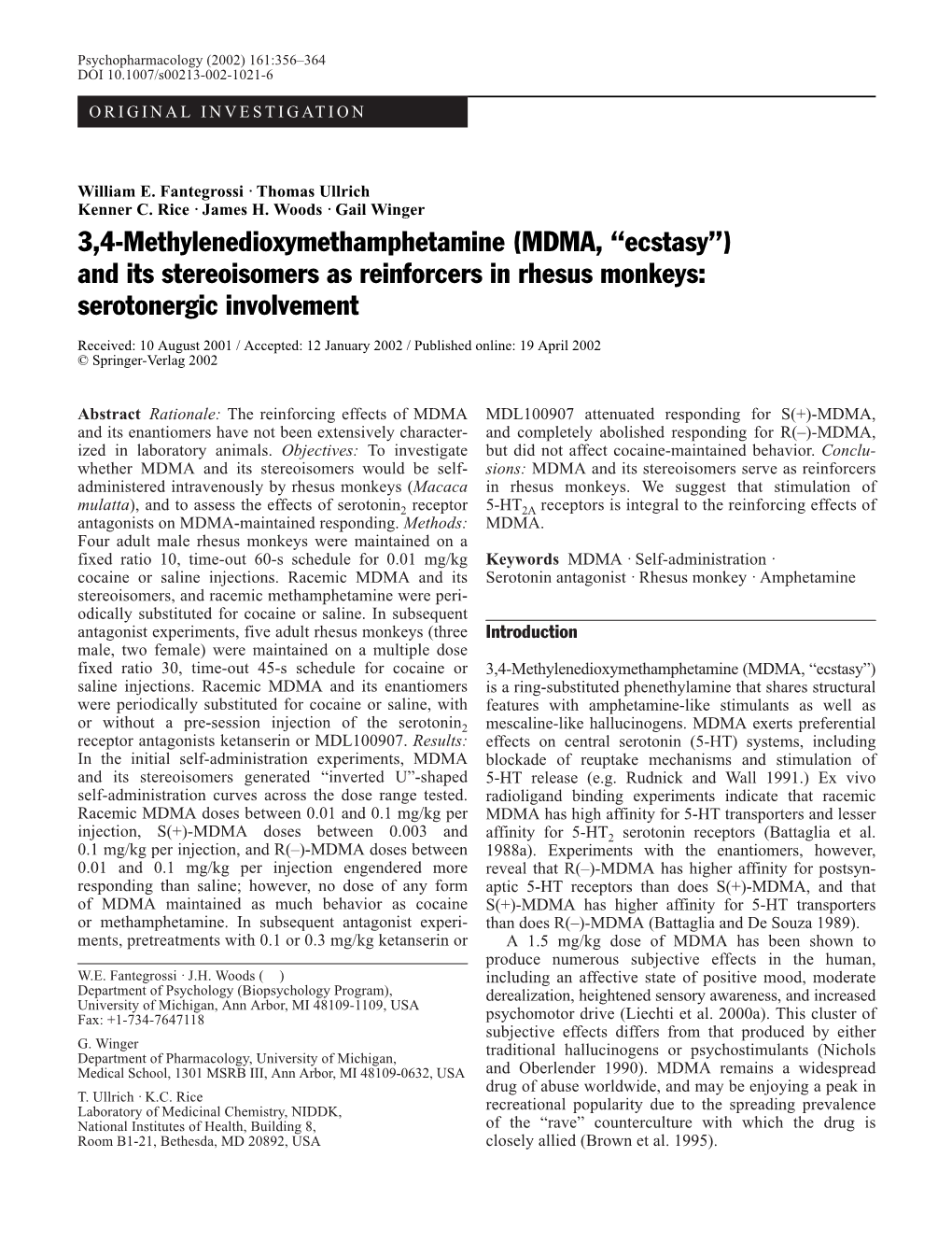 And Its Stereoisomers As Reinforcers in Rhesus Monkeys: Serotonergic Involvement