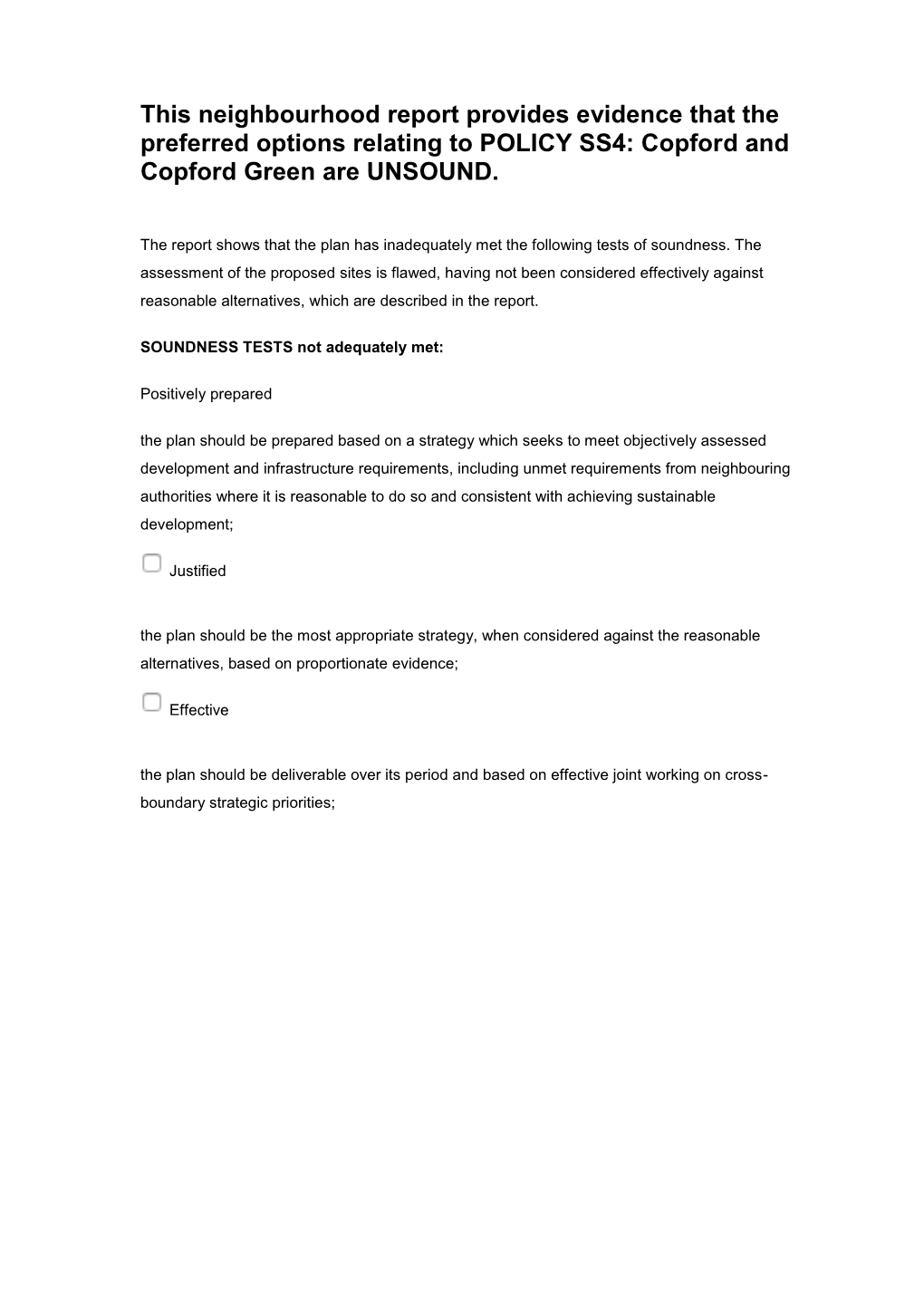 This Neighbourhood Report Provides Evidence That the Preferred Options Relating to POLICY SS4: Copford and Copford Green Are UNSOUND