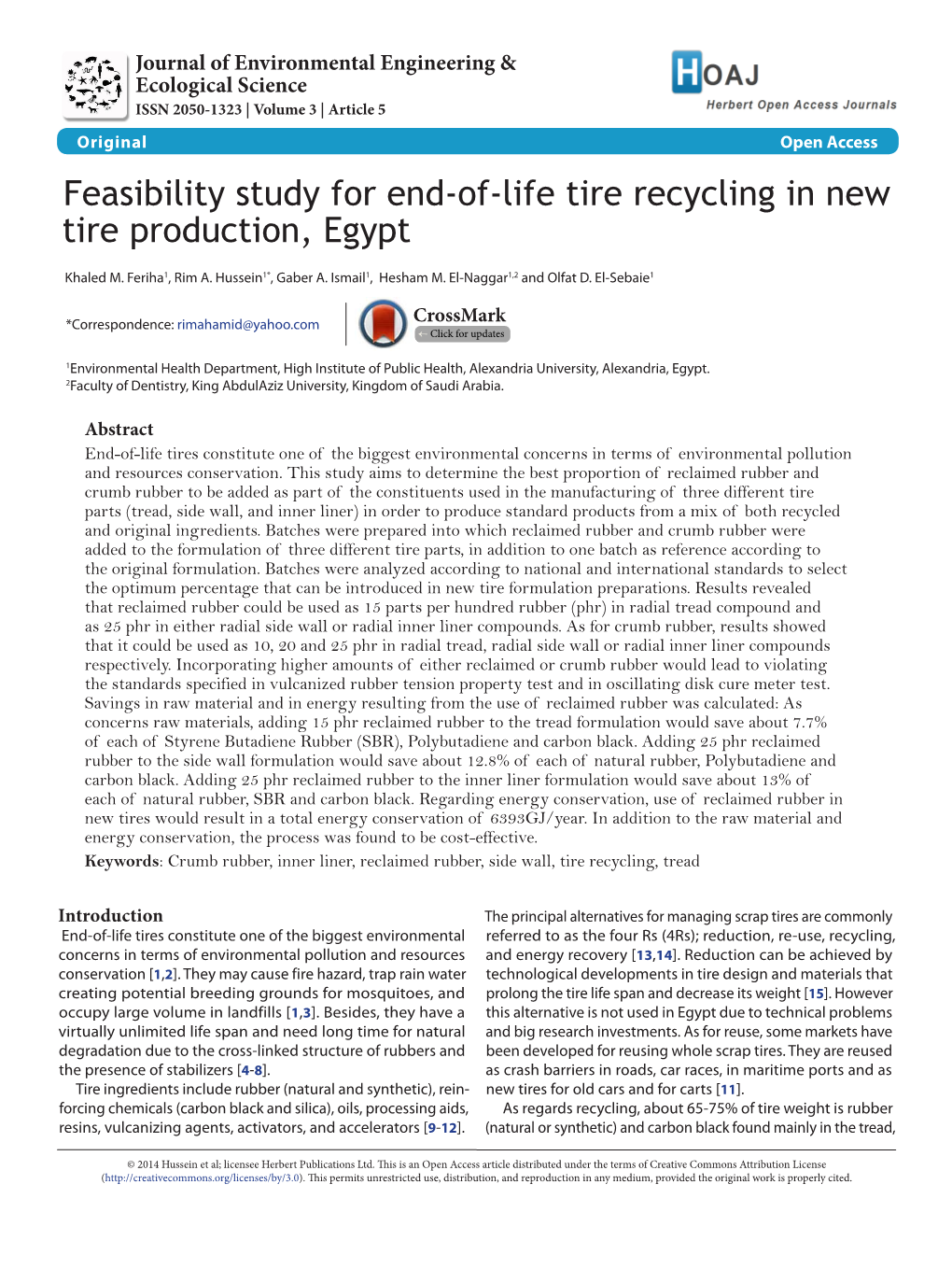 Feasibility Study for End-Of-Life Tire Recycling in New Tire Production, Egypt