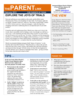 THEPARENTLINK Website: February 2012 for PARENTS of TEENS Contact: Sue Ho (Sue@Eaco.Ca) EXPLORE the JOYS of TRIALS the VIEW