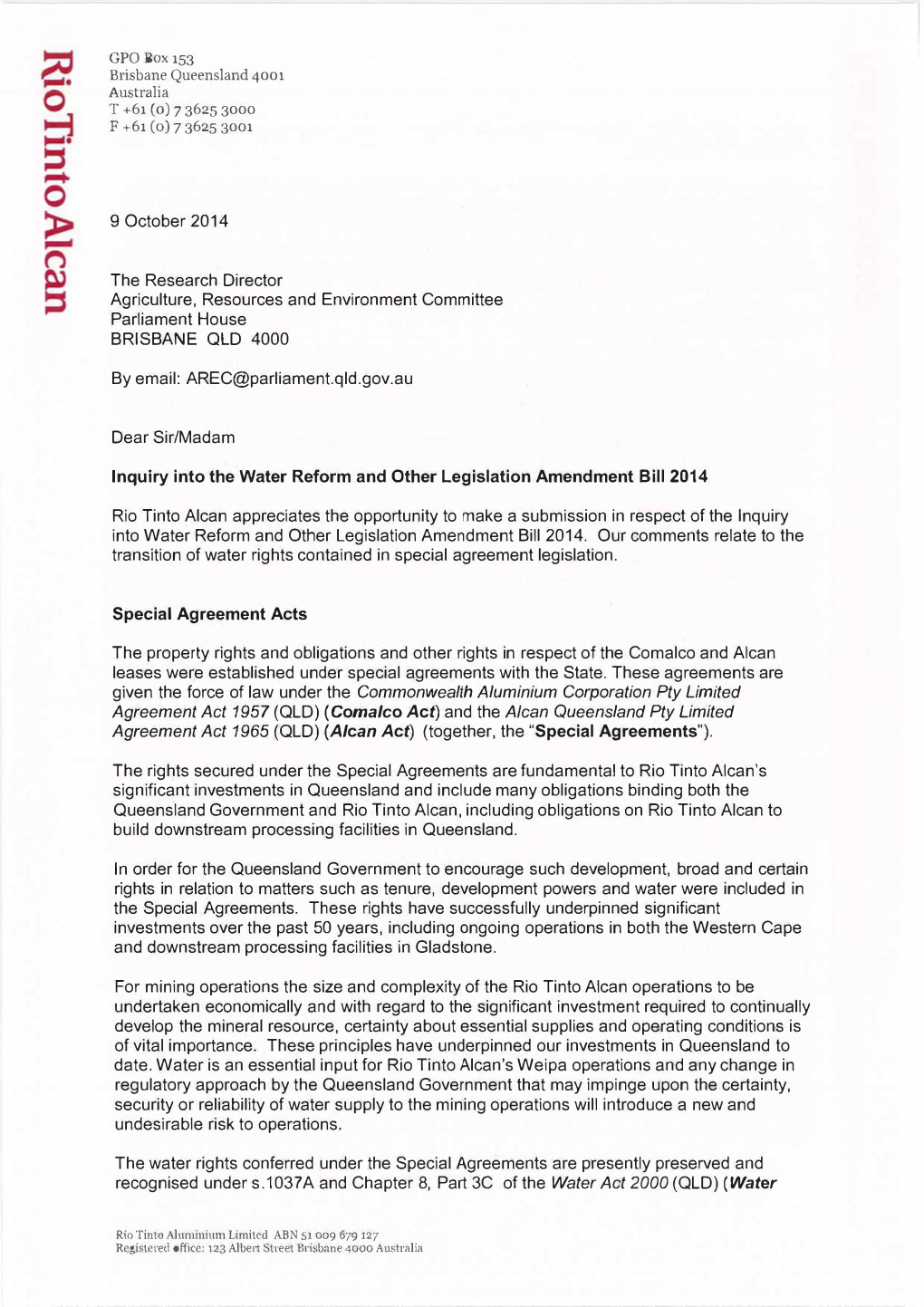 Rio Tinto Alcan Appreciates the Opportunity to Make a Submission in Respect of the Inquiry Into Water Reform and Other Legislation Amendment Bill 2014