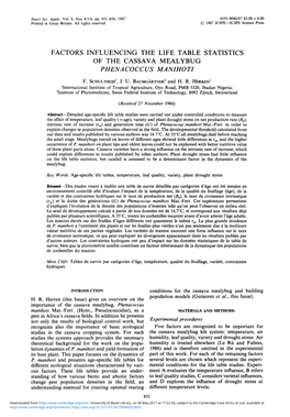 Factors Influencing the Life Table Statistics of the Cassava Mealybug Phenacoccus Manihoti