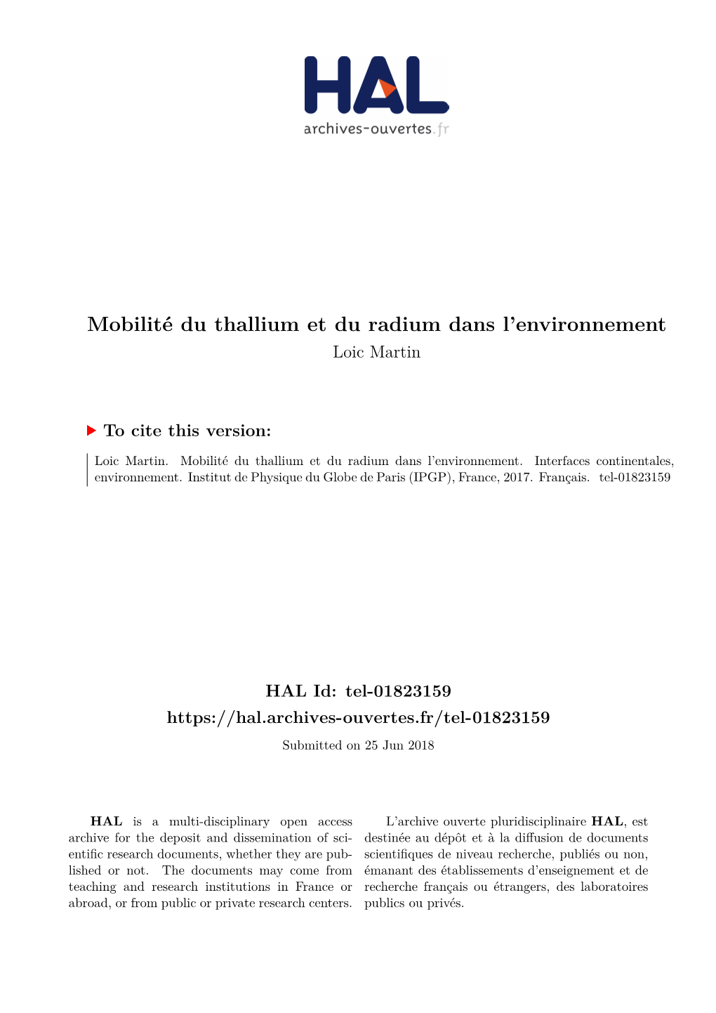 Mobilité Du Thallium Et Du Radium Dans L'environnement