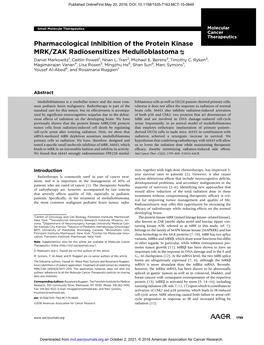 Pharmacological Inhibition of the Protein Kinase MRK/ZAK Radiosensitizes Medulloblastoma Daniel Markowitz1, Caitlin Powell1, Nhan L