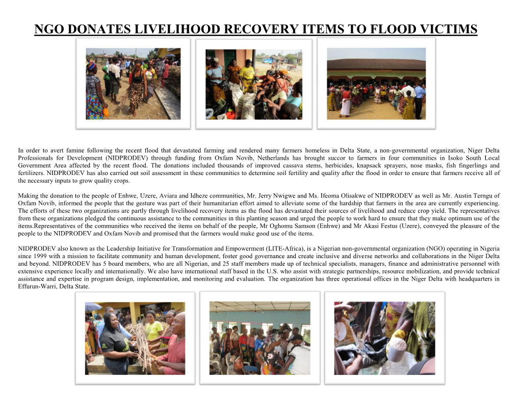 NIDPRODEV Donates Livelihood Recovery Items to Flood Disaster