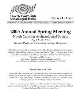 2003 Annual Spring Meeting North Carolina Archaeological Society April 25-26, 2003 Western Piedmont Community College, Morganton