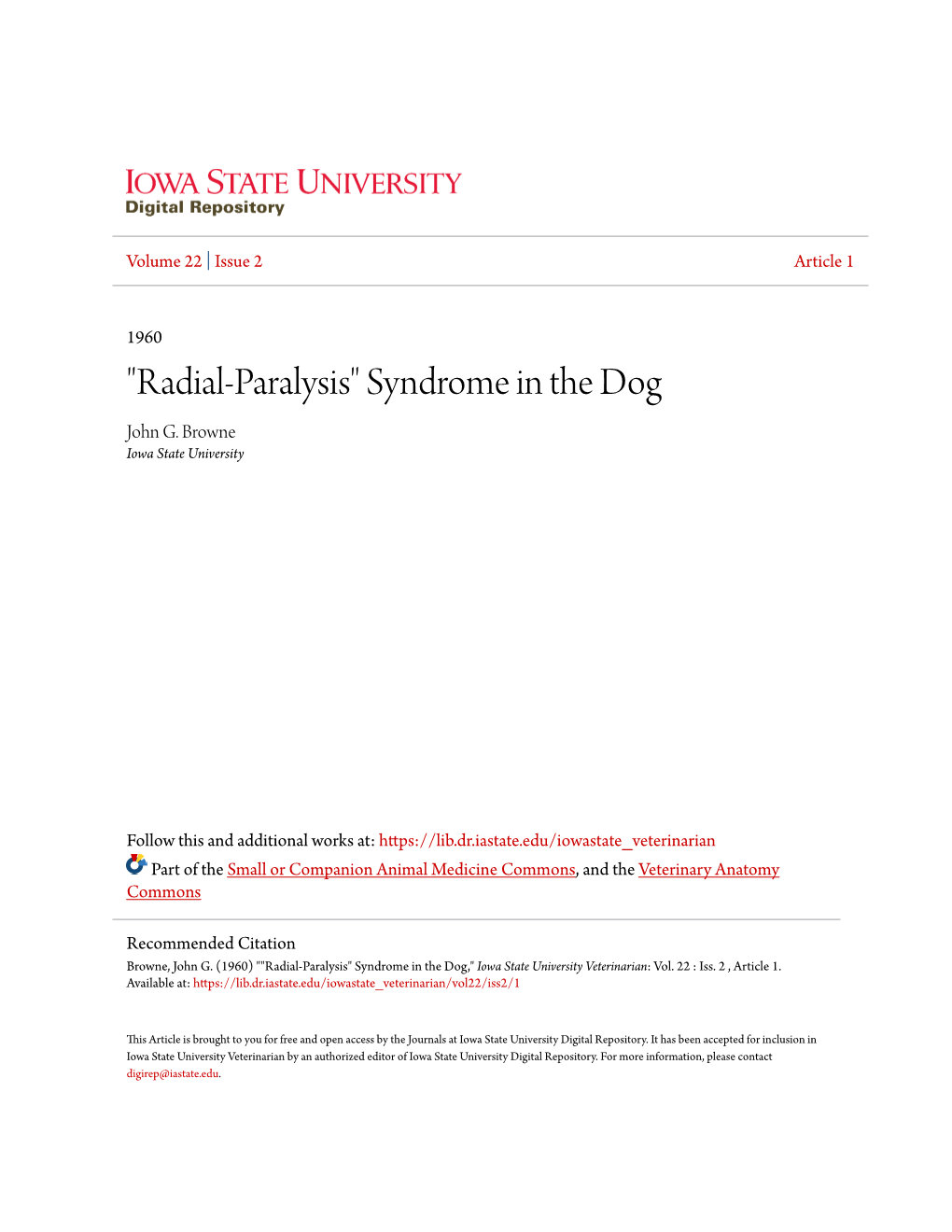 "Radial-Paralysis" Syndrome in the Dog John G