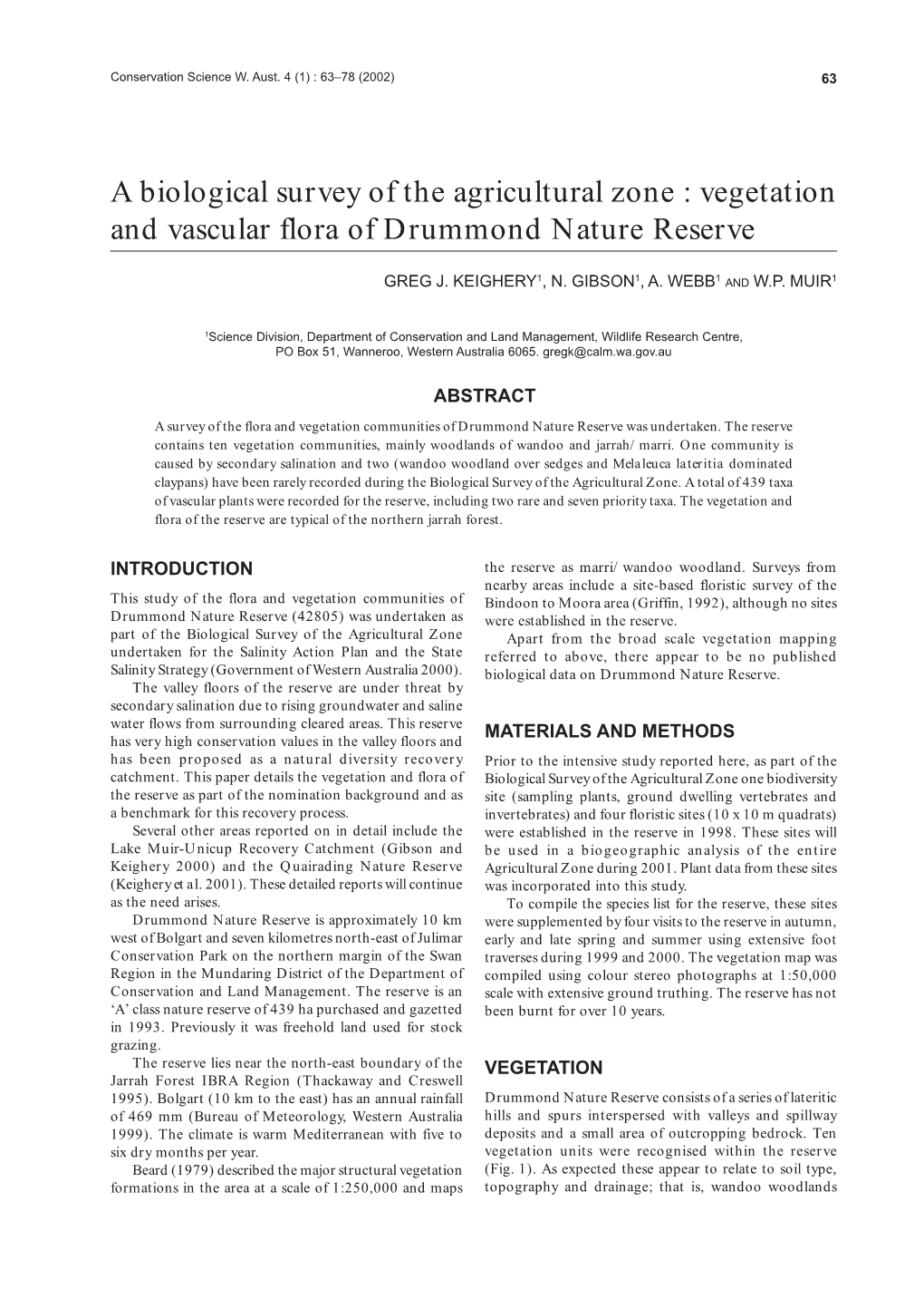 A Biological Survey of the Agricultural Zone : Vegetation and Vascular Flora of Drummond Nature Reserve