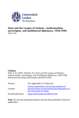 Siam and the League of Nations, 1919-1946
