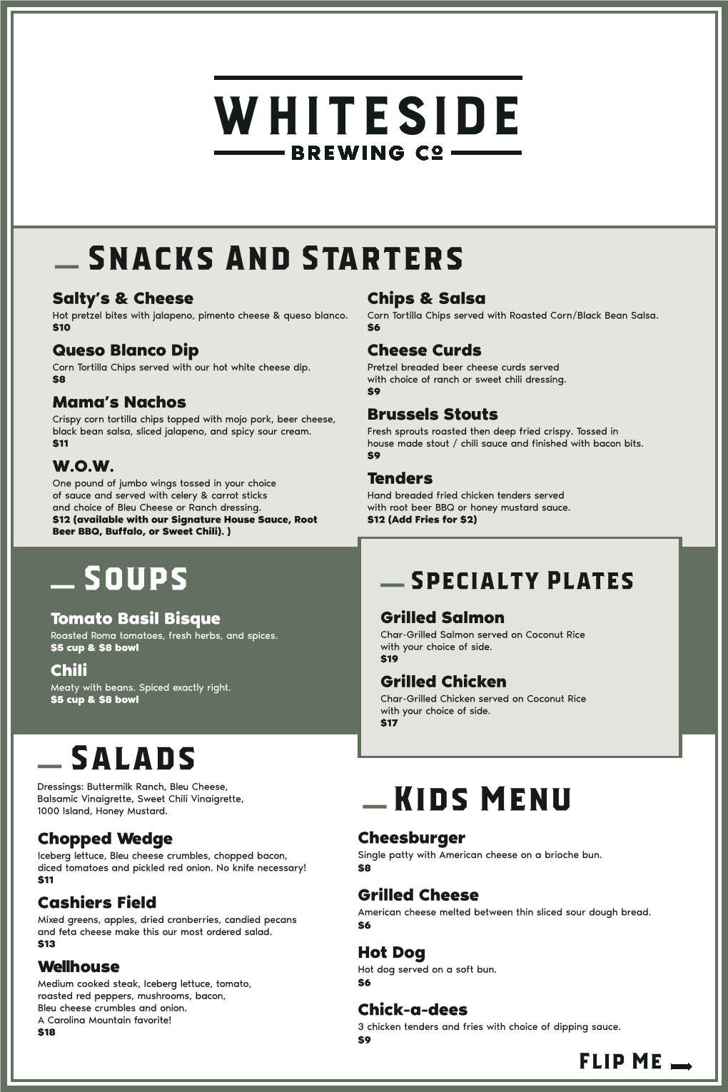 Snacks and Starters Salads Soups Kids Menu