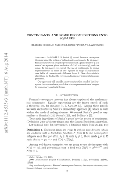 CONTINUANTS and SOME DECOMPOSITIONS INTO SQUARES 3 So, in Virtue of Smith’S Construction, Rather Than Computing the Whole Sequence We Need to Obtain