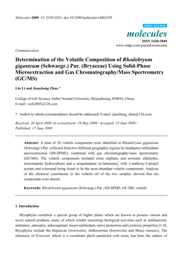 Determination of the Volatile Composition of Rhodobryum Giganteum (Schwaegr.) Par