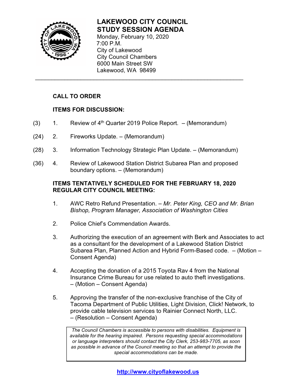 LAKEWOOD CITY COUNCIL STUDY SESSION AGENDA Monday, February 10, 2020 7:00 P.M