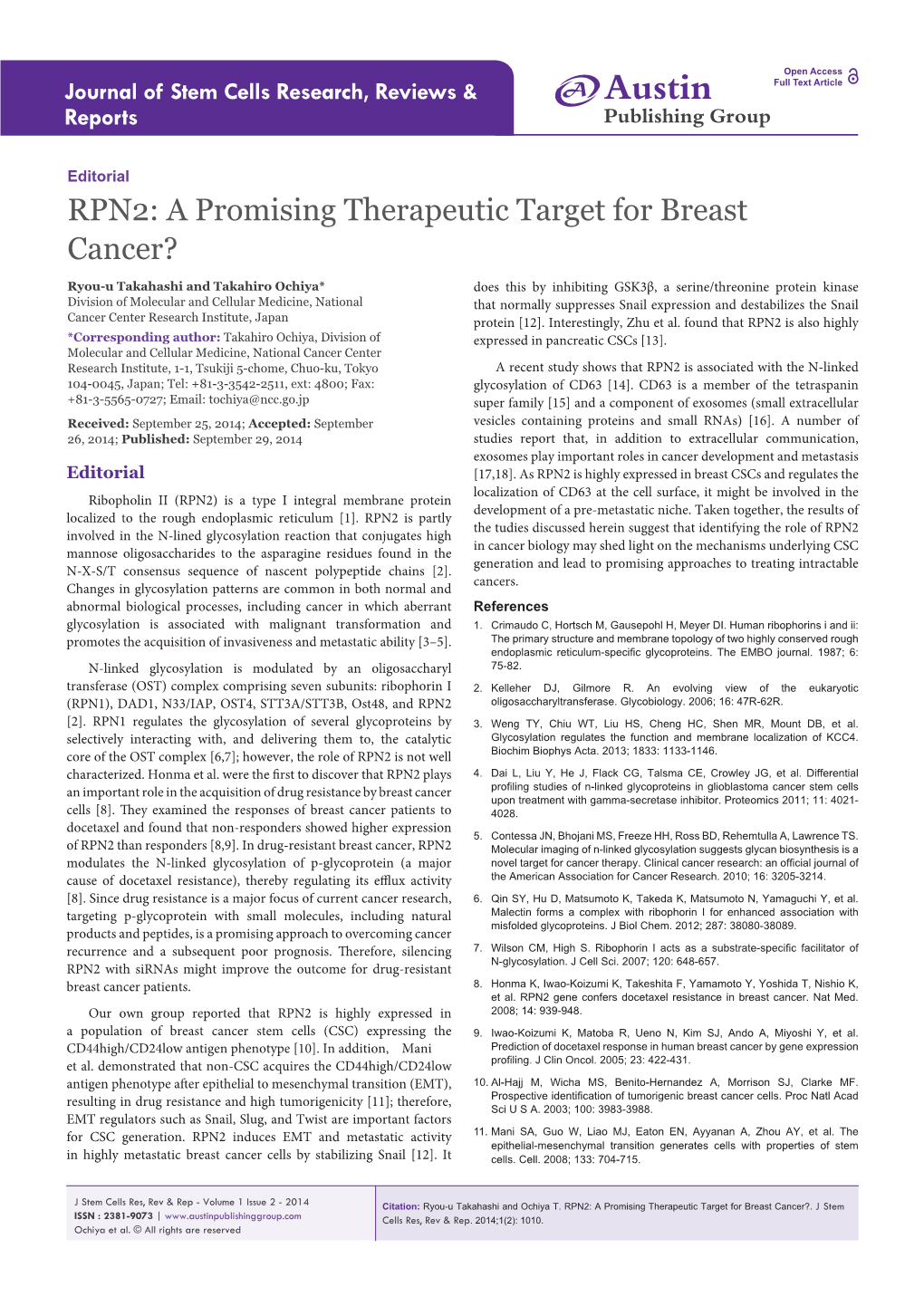 RPN2: a Promising Therapeutic Target for Breast Cancer?