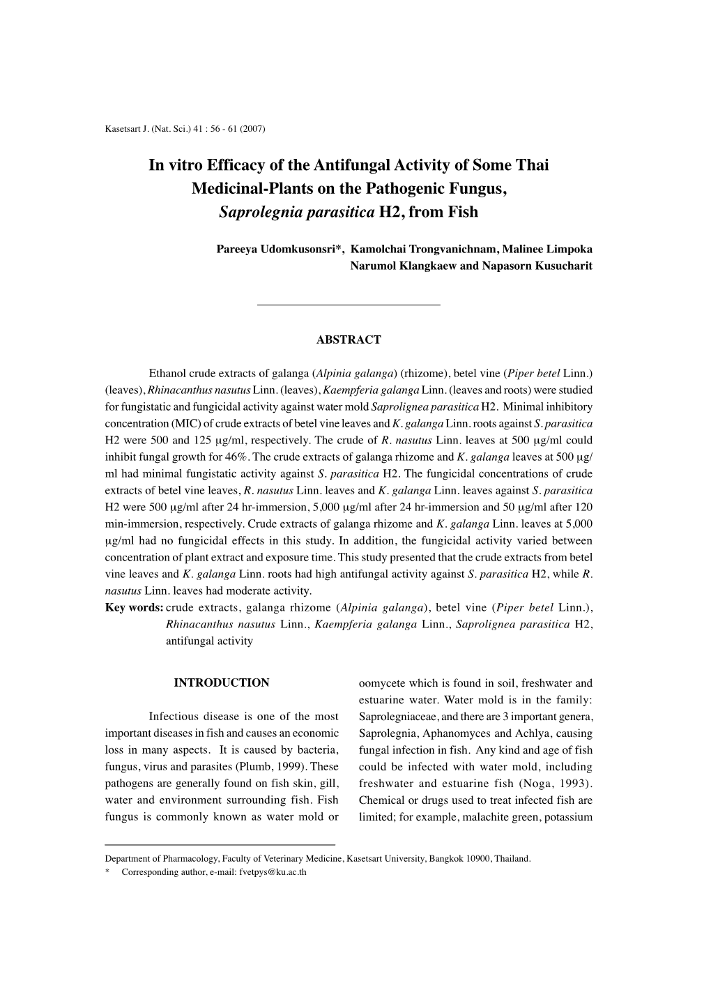 In Vitro Efficacy of the Antifungal Activity of Some Thai Medicinal-Plants on the Pathogenic Fungus, Saprolegnia Parasitica H2, from Fish