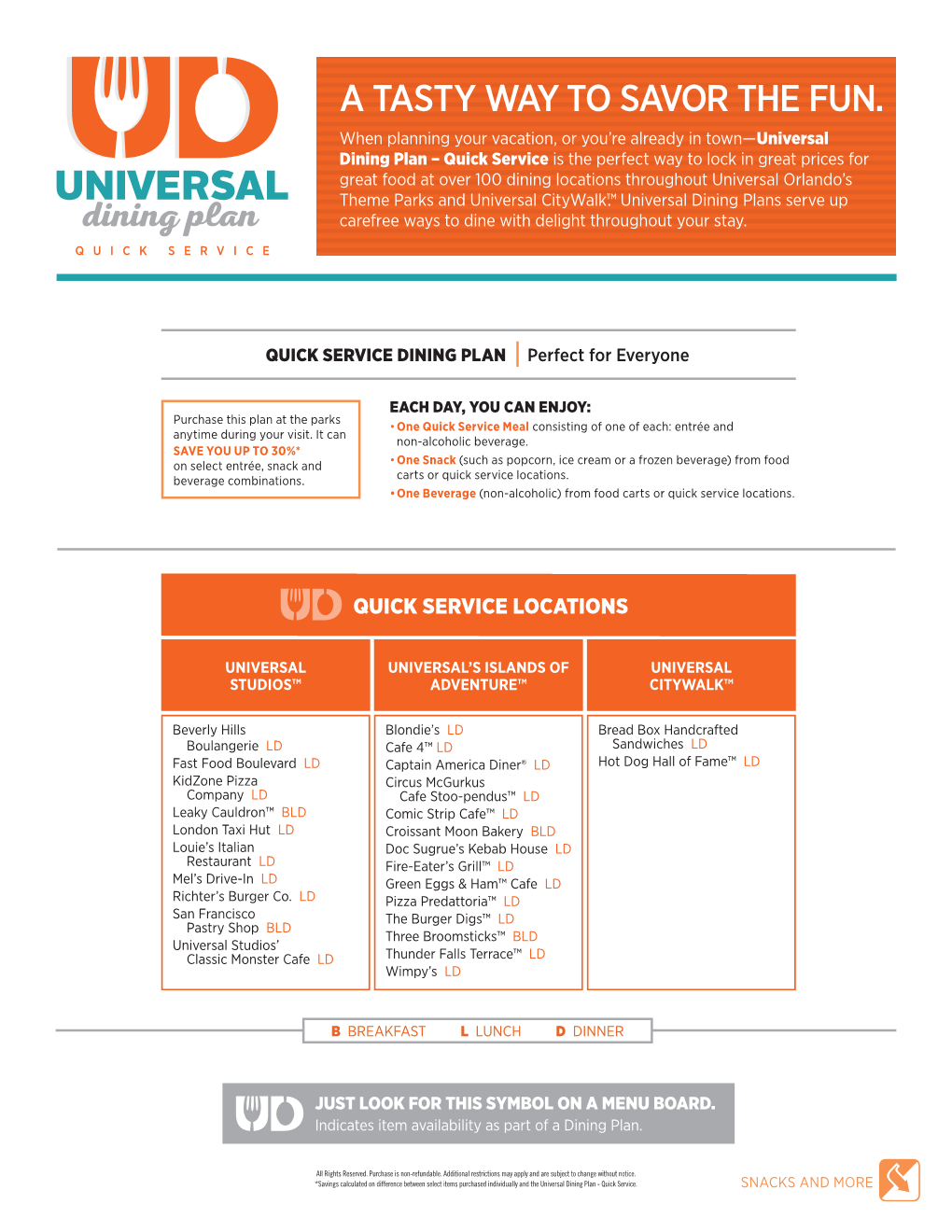 Universal Dining Plan – Quick Service Locations