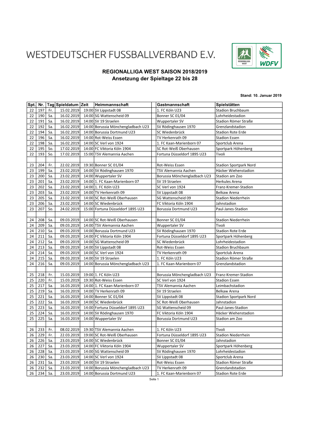 10.01.19 Regionalliga West 2018/19: Ansetzung Der Spieltage 22 Bis 28