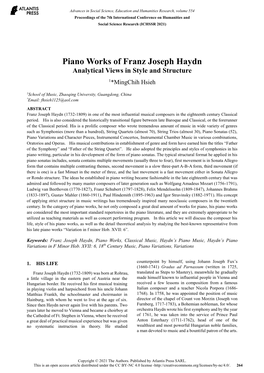 Piano Works of Franz Joseph Haydn Analytical Views in Style and Structure 1*Mingchih Hsieh