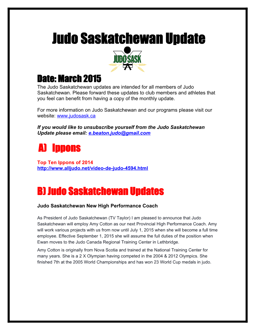 Judo Saskatchewan Weekly Updates