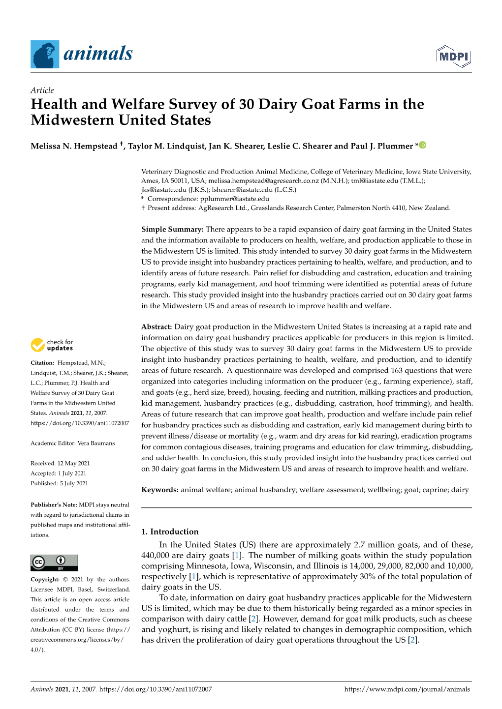 Health and Welfare Survey of 30 Dairy Goat Farms in the Midwestern United States