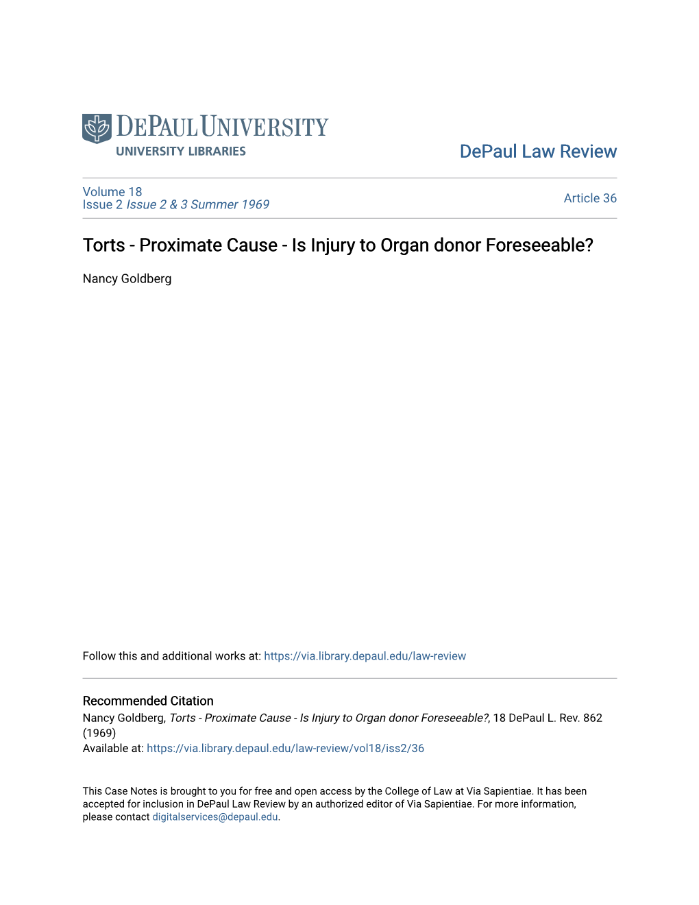 Torts - Proximate Cause - Is Injury to Organ Donor Foreseeable?