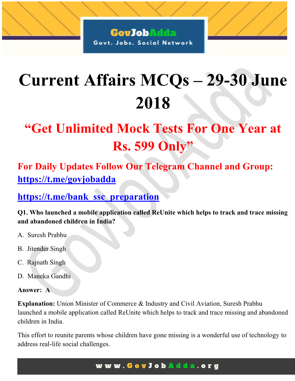 Current Affairs Mcqs – 29-30 June 2018 “Get Unlimited Mock Tests for One Year at Rs