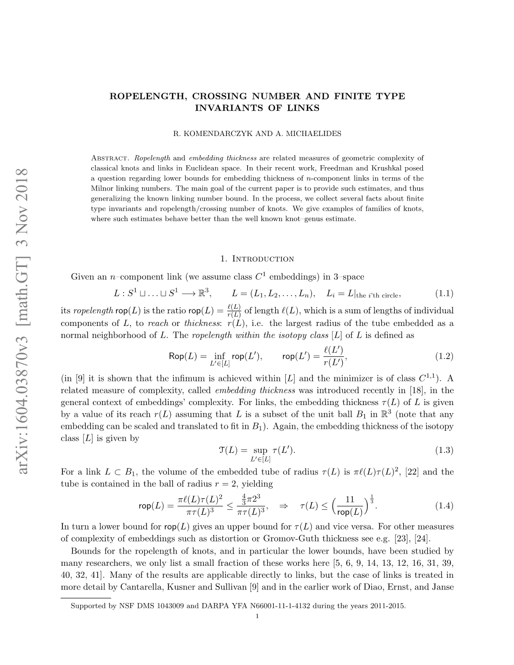 Ropelength, Crossing Number and Finite Type Invariants of Links