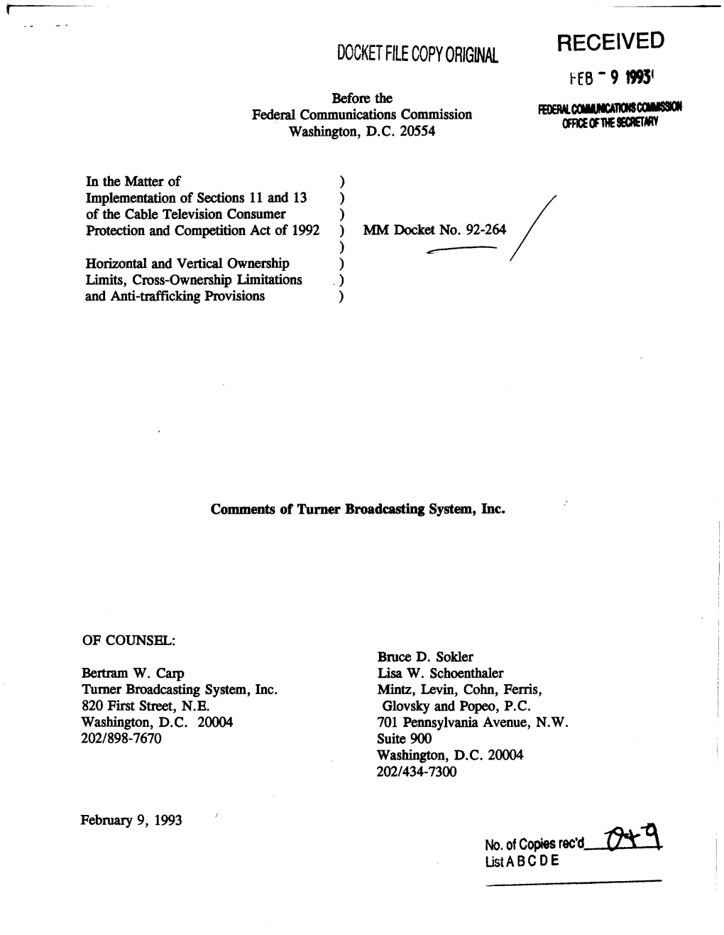 DOCKET FILE Copy ORIGINAL FEB - 9 1993' Before the Federal Communications Commission FE08W.Cciiulk:ATIOICCMIID Washington, D.C