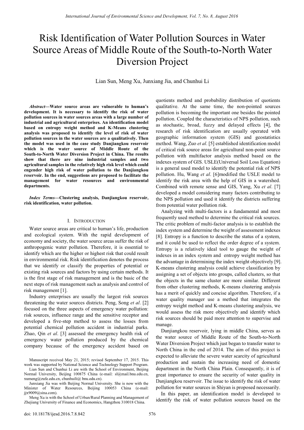 Risk Identification of Water Pollution Sources in Water Source Areas of Middle Route of the South-To-North Water Diversion Project