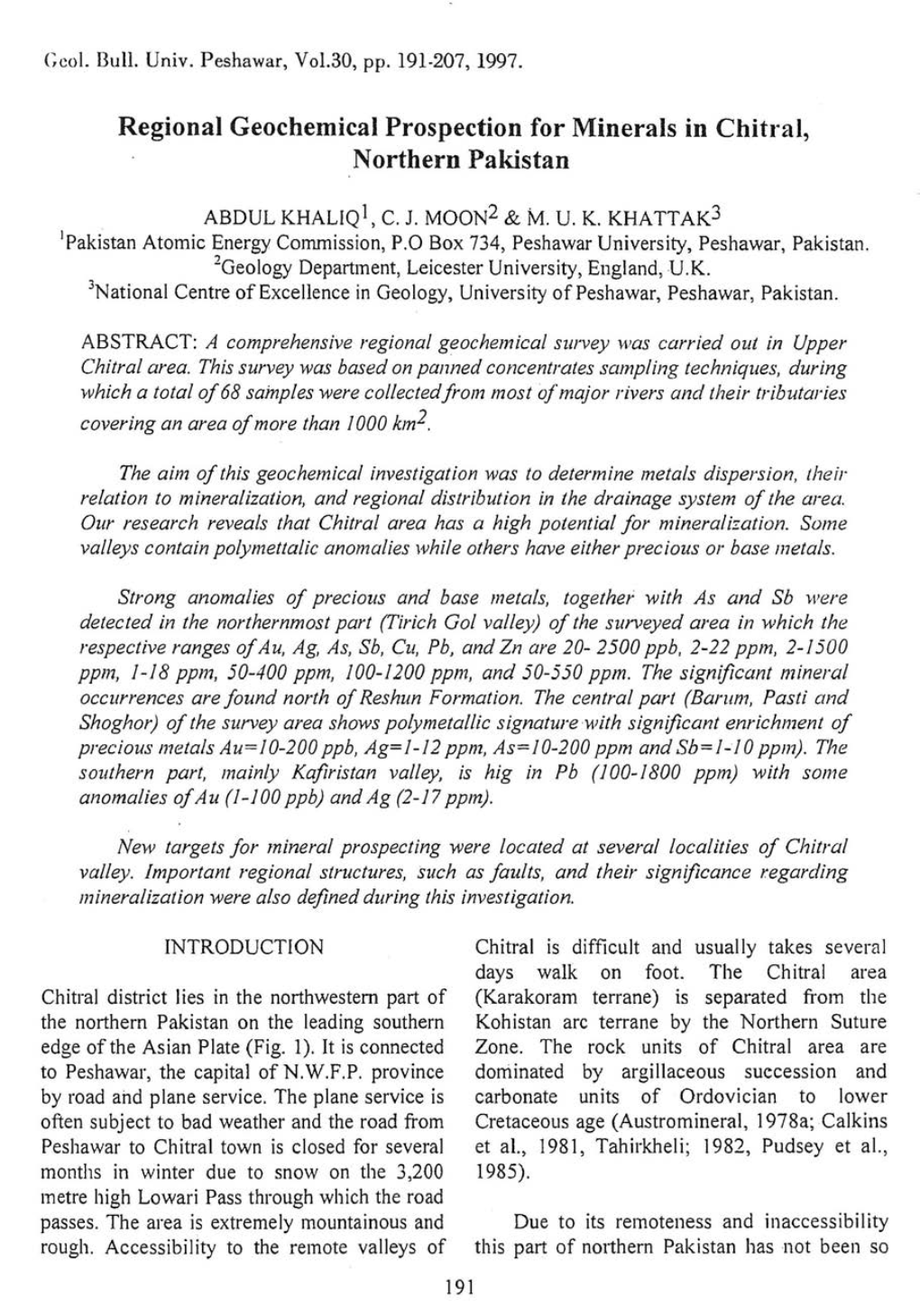 Regional Geochemical Prospection for Minerals in Chitral