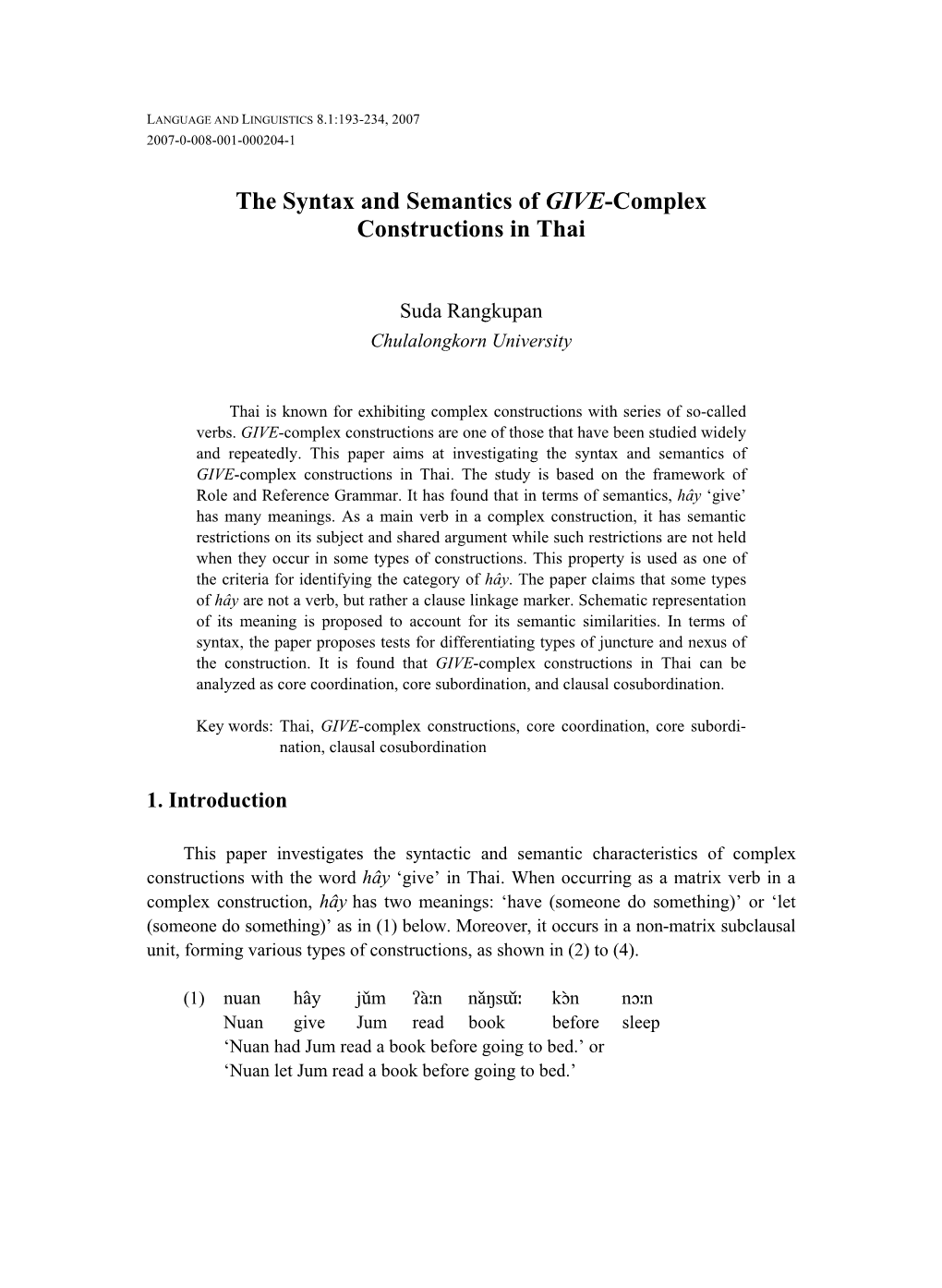 The Syntax and Semantics of GIVE-Complex Constructions in Thai