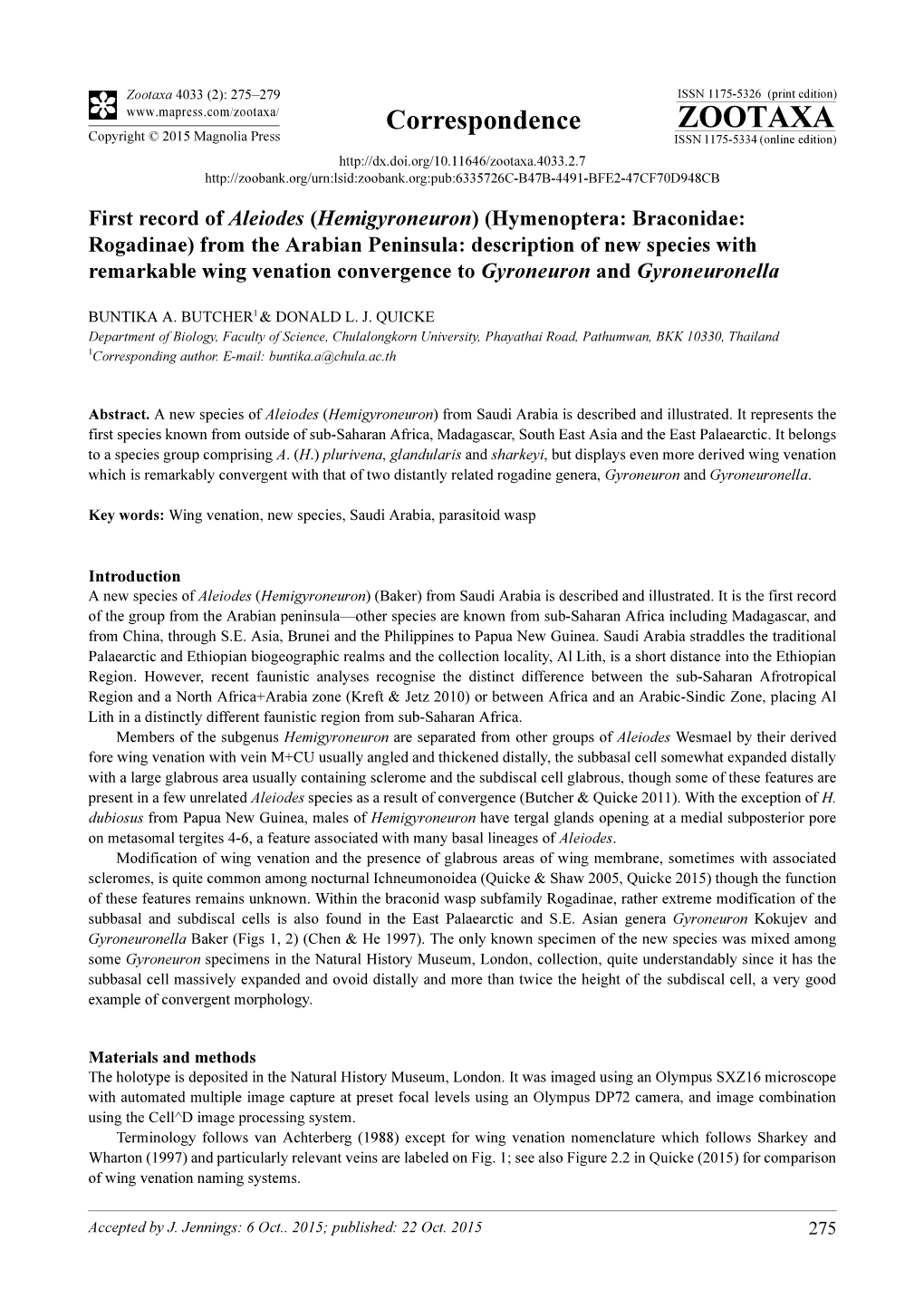 First Record of Aleiodes (Hemigyroneuron) (Hymenoptera