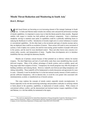 Missile Threat Reduction and Monitoring in South Asia1