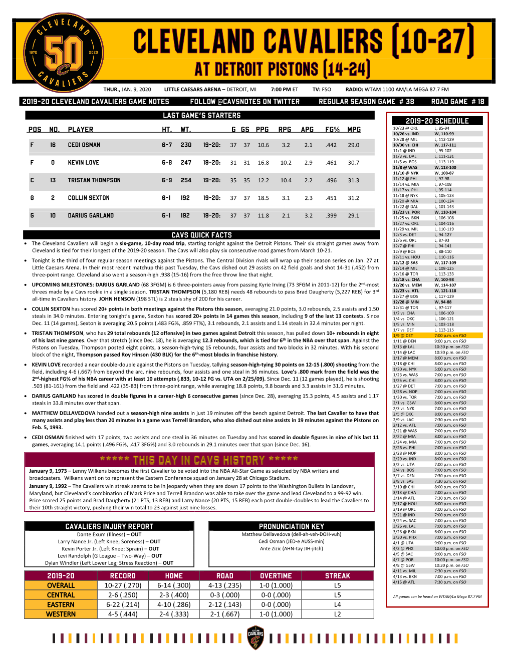2019-20 Cleveland Cavaliers Game Notes Follow @Cavsnotes on Twitter Regular Season Game # 38 Road Game # 18