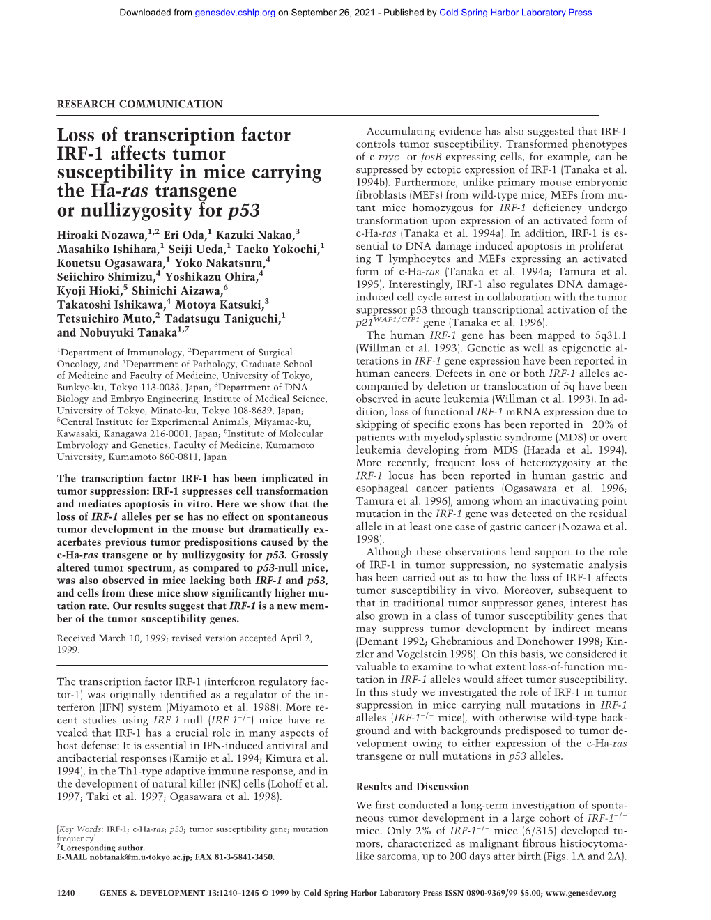 Loss of Transcription Factor IRF-1 Affects Tumor Susceptibility in Mice Carrying the Ha- Ras Transgene Or Nullizygosity for P53