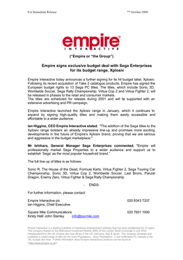 Empire Signs Exclusive Budget Deal with Sega Enterprises for Its Budget Range, Xplosiv