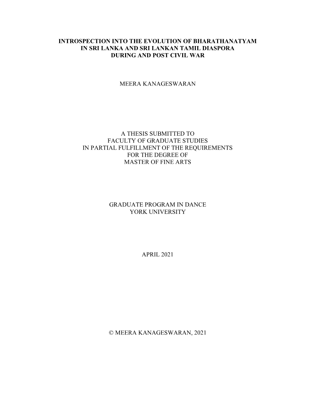 Introspection Into the Evolution of Bharathanatyam in Sri Lanka and Sri Lankan Tamil Diaspora During and Post Civil War