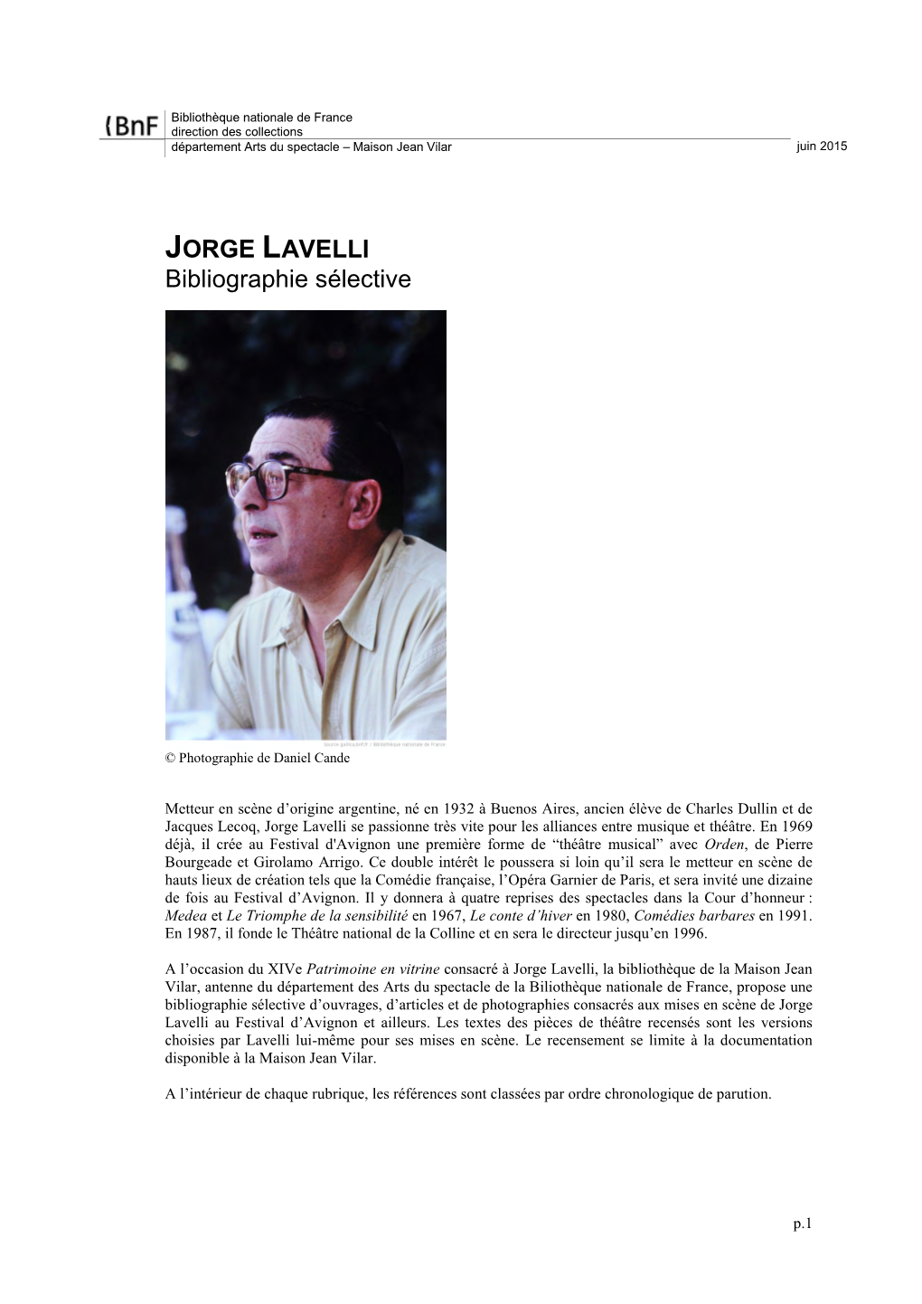 JORGE LAVELLI Bibliographie Sélective