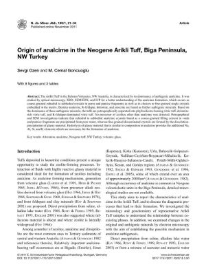 Origin of Analcime in the Neogene Arikli Tuff, Biga Peninsula, NW Turkey