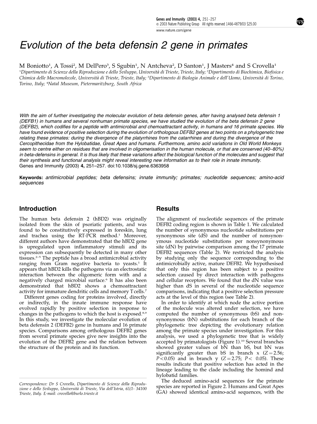 Evolution of the Beta Defensin 2 Gene in Primates