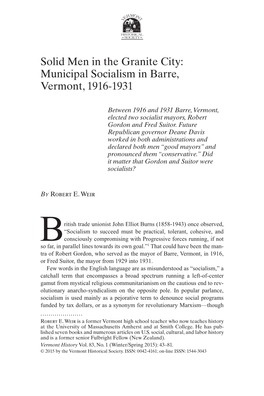Solid Men in the Granite City: Municipal Socialism in Barre, Vermont, 1916-1931