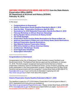 SHPO) SC Department of Archives and History (SCDAH) February 16, 2018