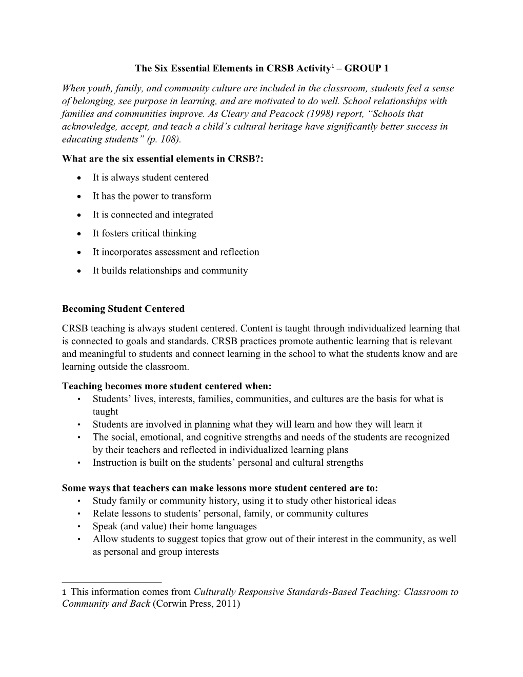 The Six Essential Elements in CRSB Activity 1 GROUP 1