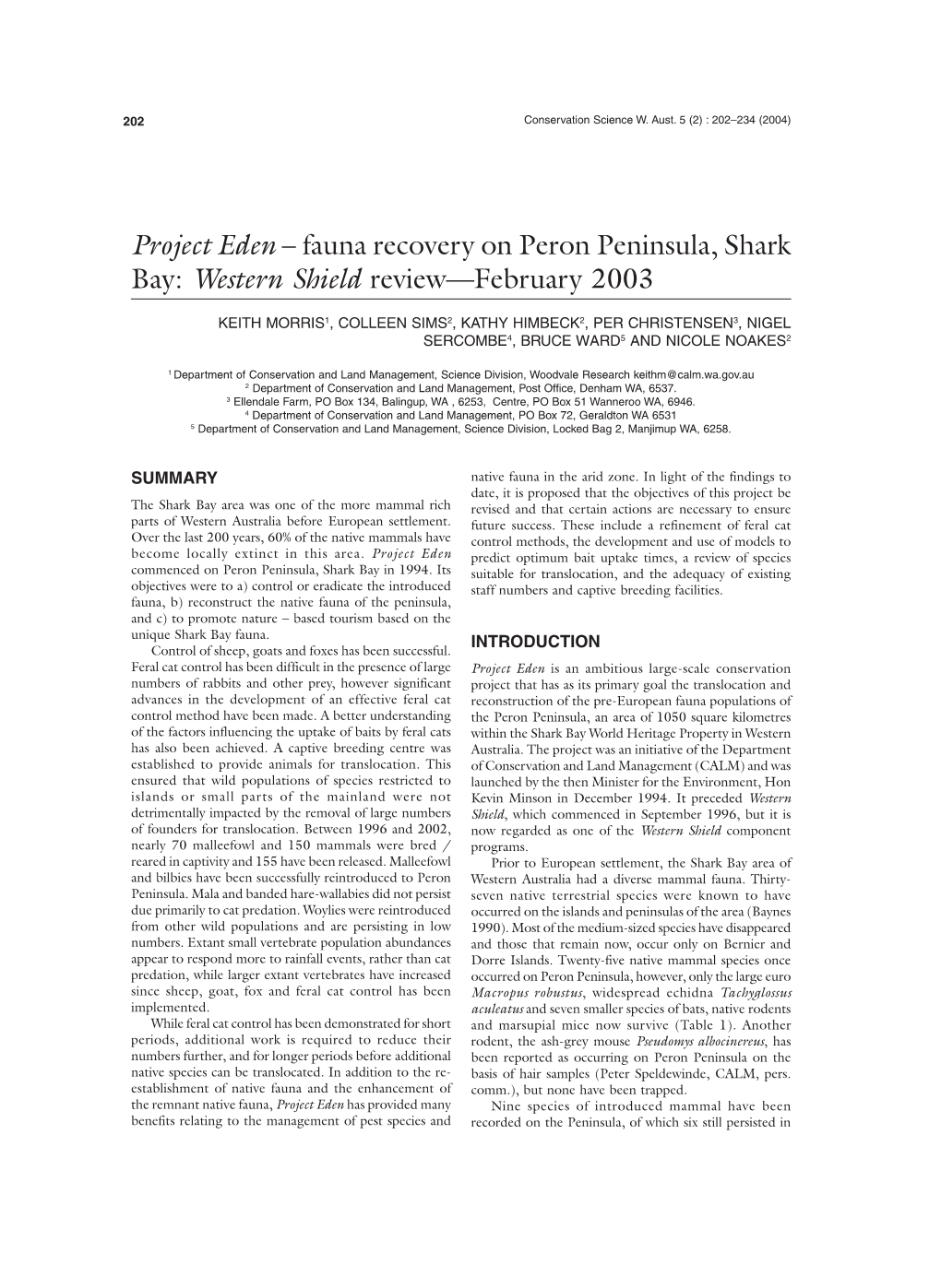 Project Eden – Fauna Recovery on Peron Peninsula, Shark Bay: Western Shield Review—February 2003