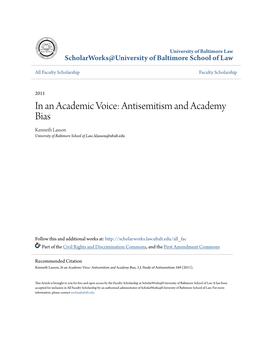 In an Academic Voice: Antisemitism and Academy Bias Kenneth Lasson University of Baltimore School of Law, Klasson@Ubalt.Edu