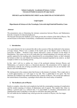 Istituto Lombardo- Accademia Di Scienze E Lettere Giornata Di Studio in Memoria Di Luigi Amerio PHYSICS and MATHEMATICS MEET On