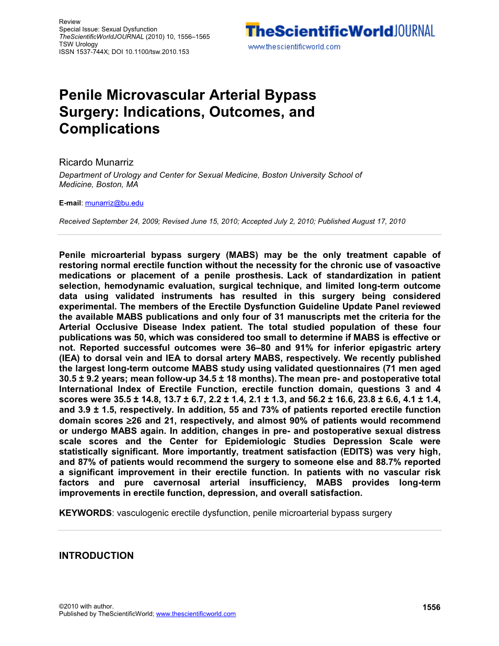 Penile Microvascular Arterial Bypass Surgery: Indications, Outcomes, and Complications