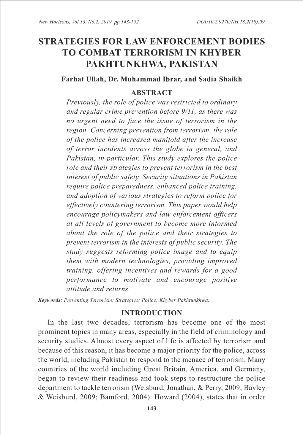 Strategies for Law Enforcement Bodies to Combat Terrorism in Khyber Pakhtunkhwa, Pakistan Farhat Ullah, Dr