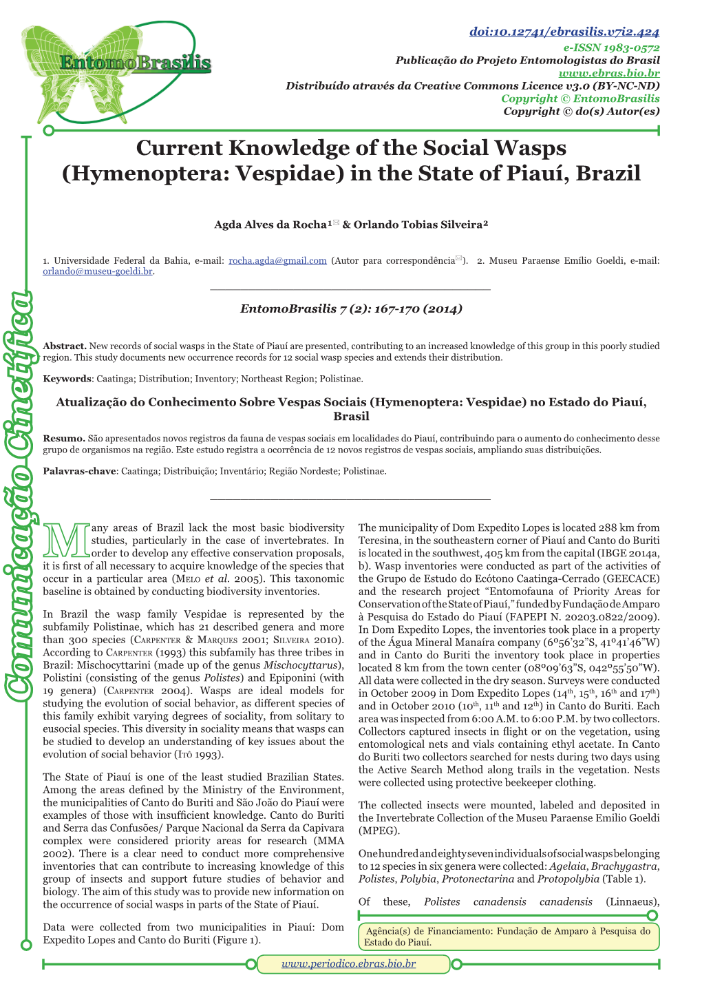 Current Knowledge of the Social Wasps (Hymenoptera: Vespidae) in the State of Piauí, Brazil